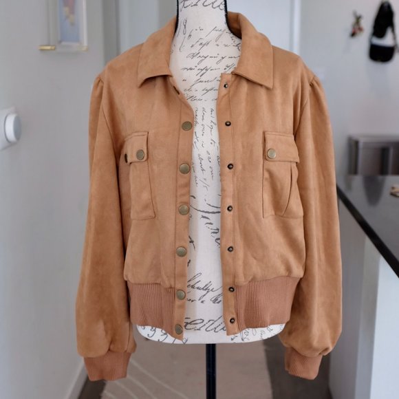 Lovers + Friends Felix Jacket camel faux suede bomber size XL - Picture 1 of 7